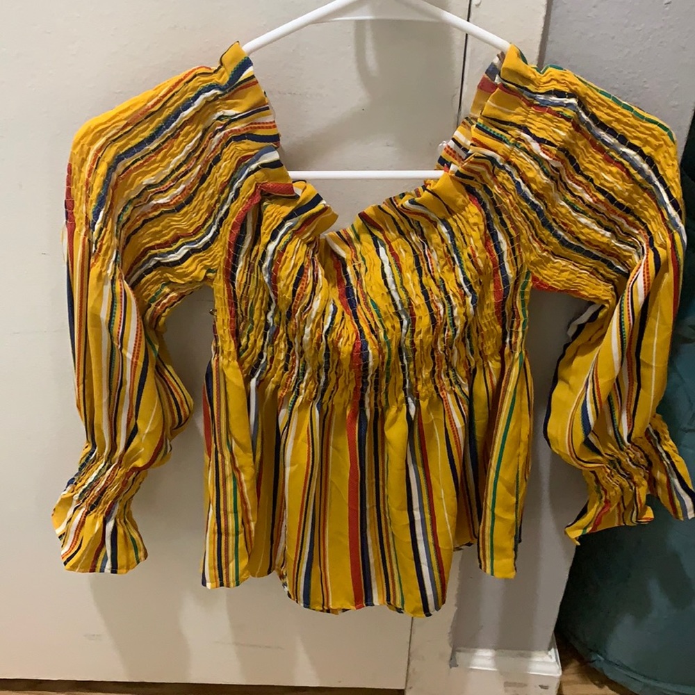 Yellow striped summer blouse—off the shoulder